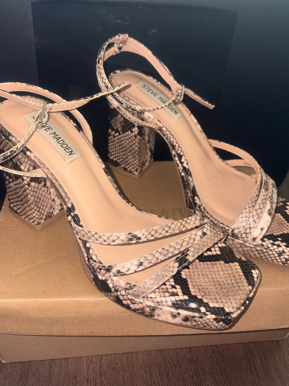 Steve Madden Pink Snake-Print Block Heel Sandals